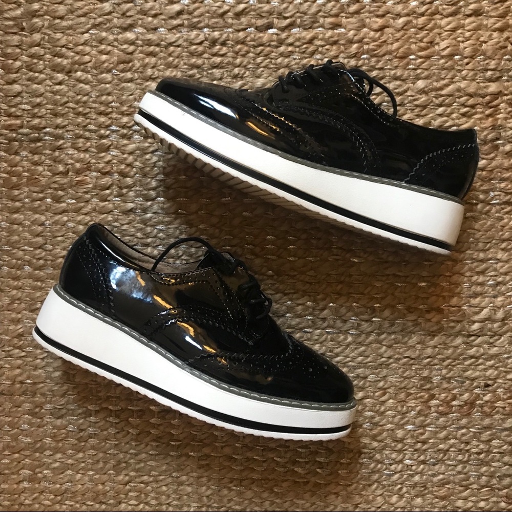 Platform Black “Patent” Wingtip Square Toe Oxford